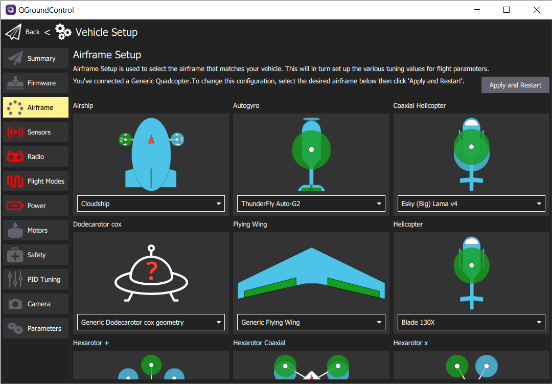 Airframe Setup screen