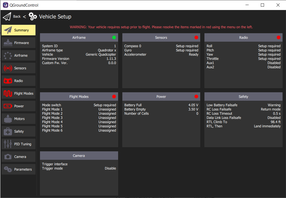 QGC Vehicle Setup screen right after PX4 firmware load