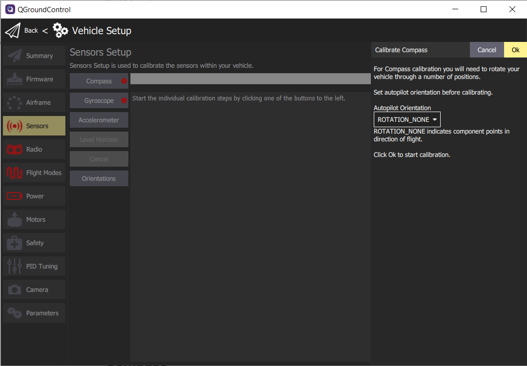 Default compass sensor screen before calibration begins.