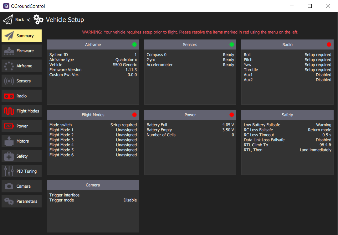 Summary screen showing all sensors calibrated and ready for flight