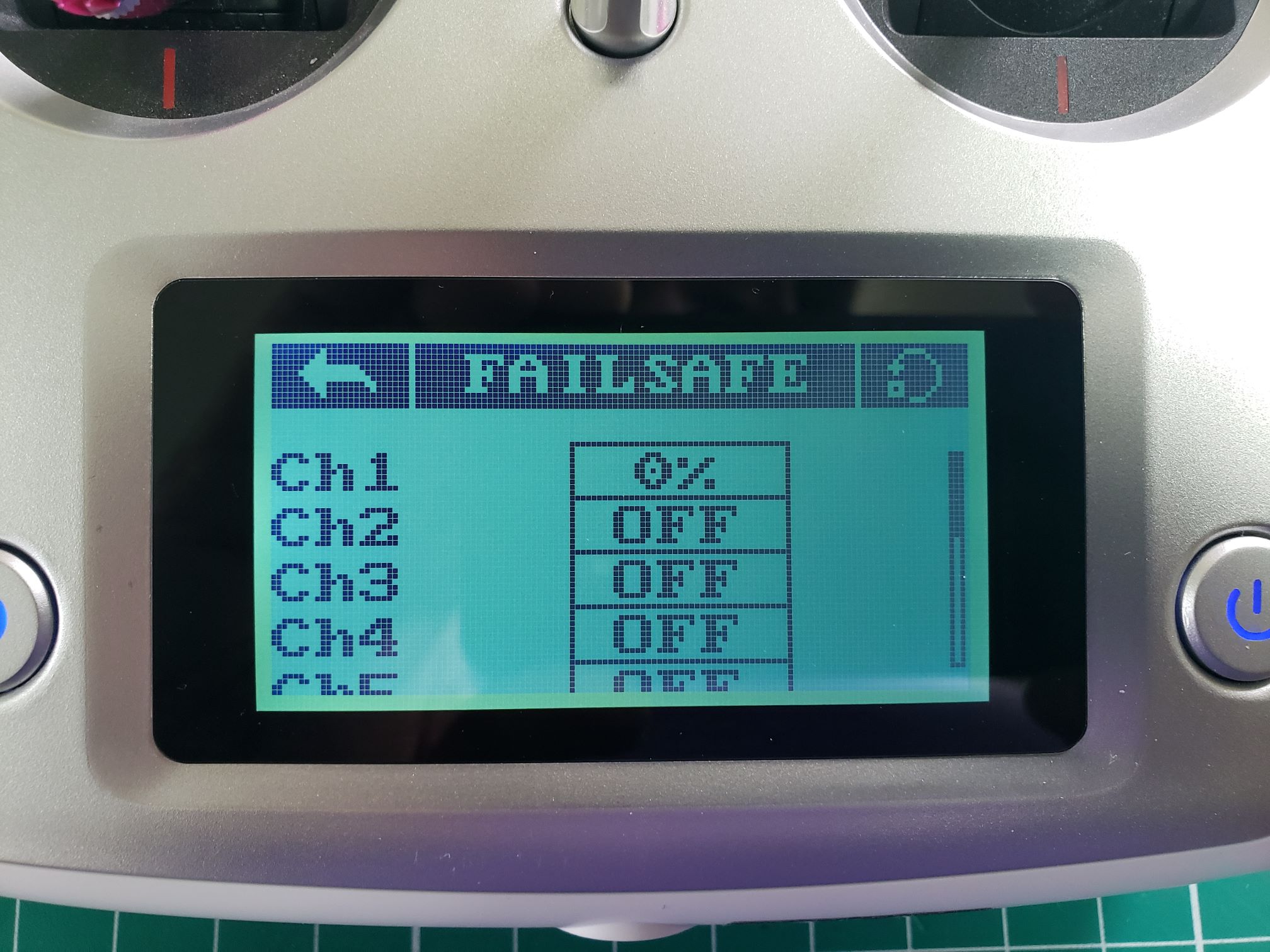 CH1 failsafe value set to 0% (right stick centered)